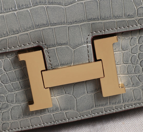 HM CONSTANCE 23 LIGHT GREY CROCODILE EMBOSSED CALFSKIN GOLD HARDWARE