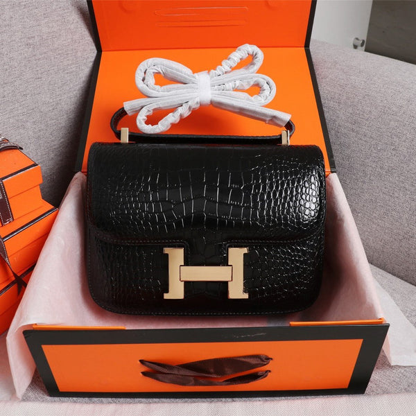 HM CONSTANCE 23 BLACK CROCODILE EMBOSSED CALFSKIN GOLD HARDWARE