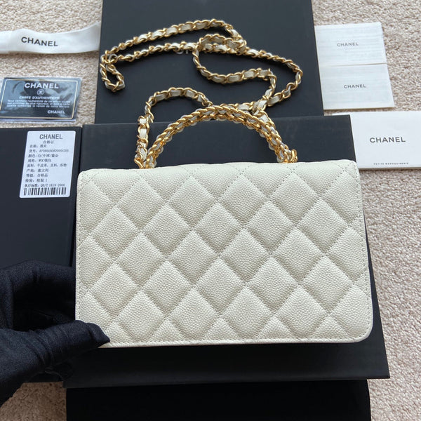 Borsa con patta con logo CC 20 cm Bianco Caviale GHW 235169