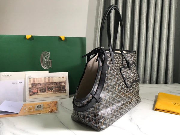 BORSA CHIEN GRIS 33 IN TELA GOYARDINE NERA E FINITURE IN PELLE DI VITELLO TAN