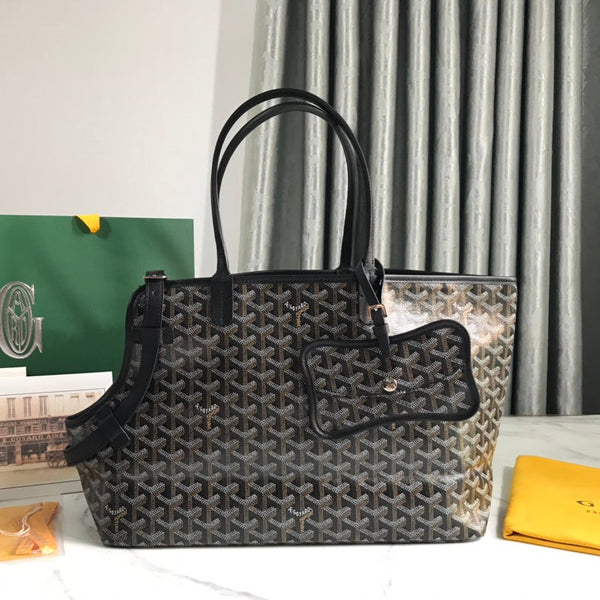 BORSA CHIEN GRIS 33 IN TELA GOYARDINE NERA E FINITURE IN PELLE DI VITELLO TAN