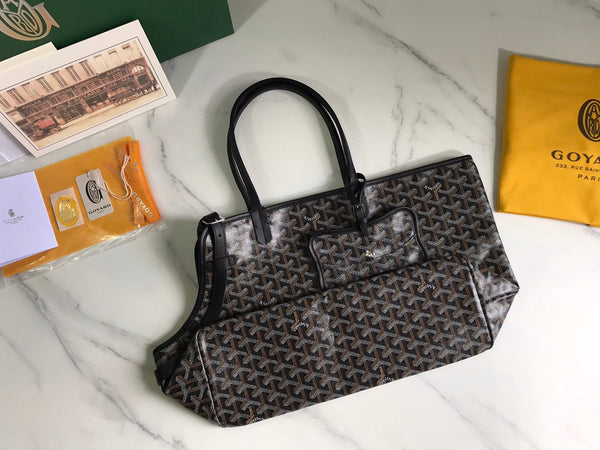 BORSA CHIEN GRIS 33 IN TELA GOYARDINE NERA E FINITURE IN PELLE DI VITELLO TAN