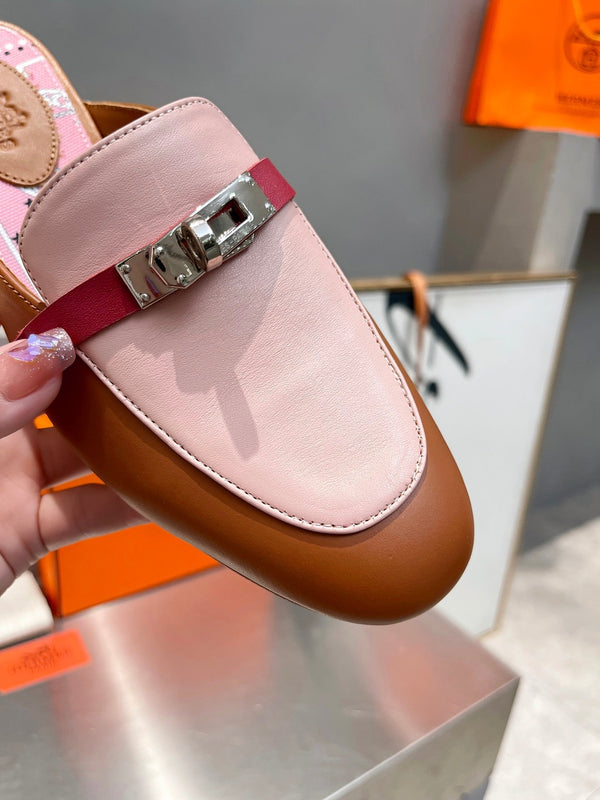 0Z MULE CARAMELLO E PELLE DI VITELLO ROSA PASTELLO CON FANTASIA