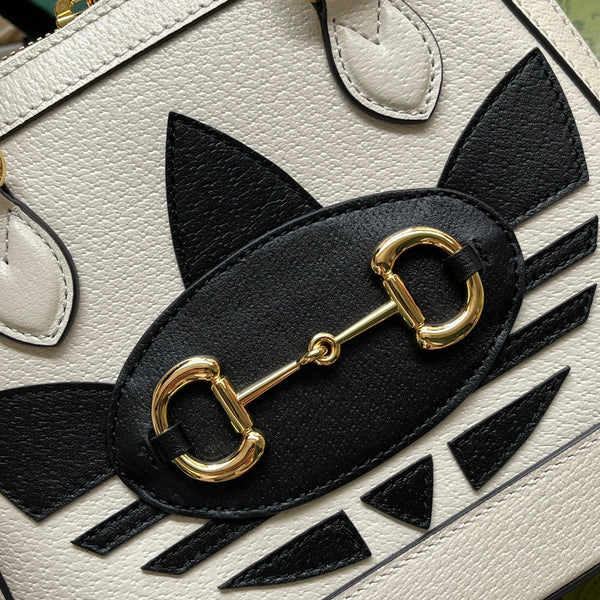 BORSA TOTE GGxADIDAS HORSEBIT 1955 20 CON CINTURINO IN PELLE DI VITELLO BIANCA E NERA, FERRAMENTA ORO
