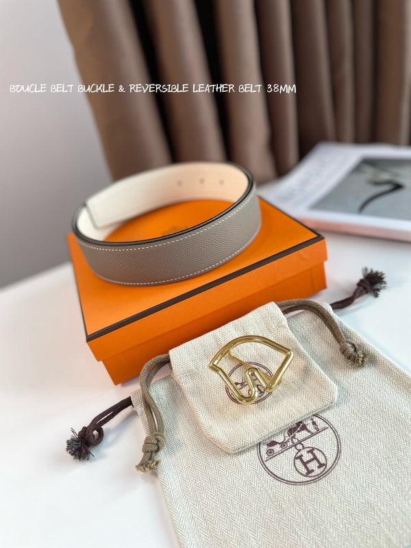 FIBBIA PER CINTURA BOUCLE E CINTURINO REVERSIBILE IN PELLE MARRONE KAKI E BIANCA 38 MM FERRAMENTA ORO