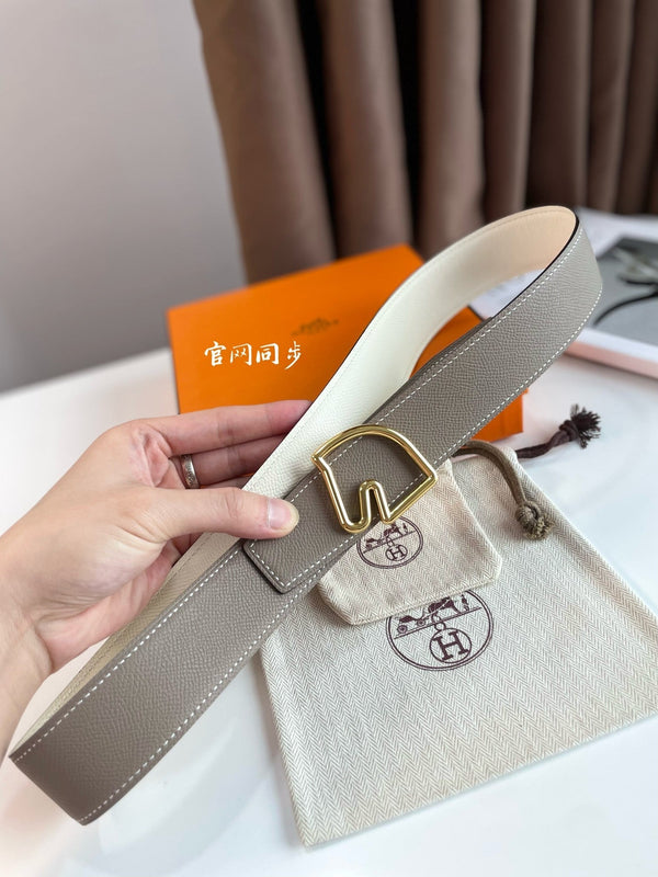 FIBBIA PER CINTURA BOUCLE E CINTURINO REVERSIBILE IN PELLE MARRONE KAKI E BIANCA 38 MM FERRAMENTA ORO