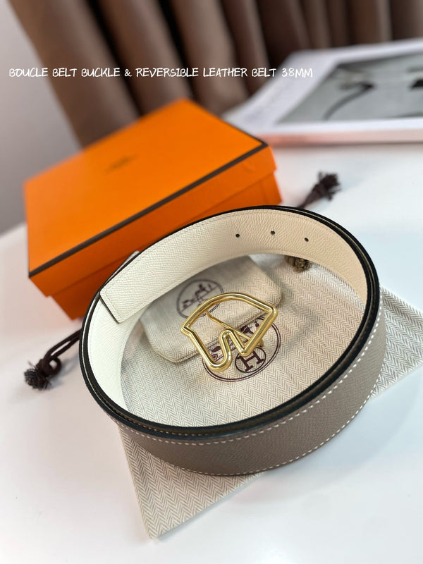 FIBBIA PER CINTURA BOUCLE E CINTURINO REVERSIBILE IN PELLE MARRONE KAKI E BIANCA 38 MM FERRAMENTA ORO