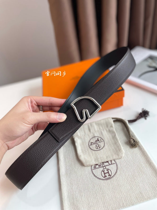 FIBBIA PER CINTURA BOUCLE E CINTURINO REVERSIBILE IN PELLE MARRONE CIOCCOLATO E NERA 38 MM FERRAMENTA ARGENTO