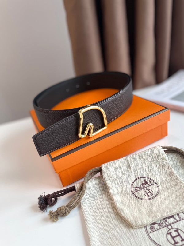 FIBBIA PER CINTURA BOUCLE E CINTURINO REVERSIBILE IN PELLE MARRONE CIOCCOLATO E NERA 38 MM FERRAMENTA ORO