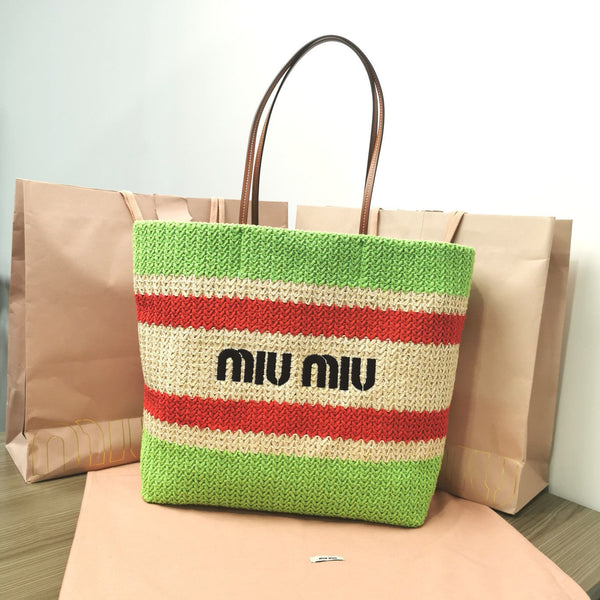 BORSA TOTE 40 IN MOTIVO A RIGHE DI RAFIA INTRECCIATA VERDE CHIARO ROSSO E BIANCO CREMA