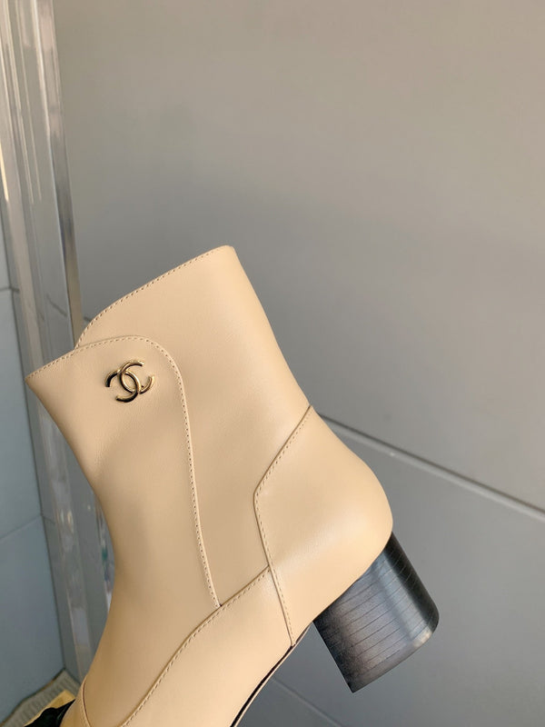Stivaletti CC Tacco a Blocco 60mm Beige Nero Pelle di Vacchetta 464568