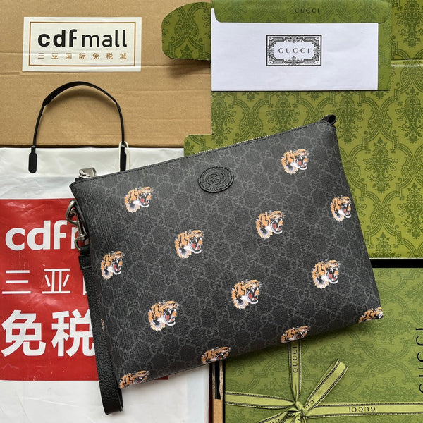 POCHETTE CON STAMPA TIGRE 30 IN TELA MONOGRAMMA NERA