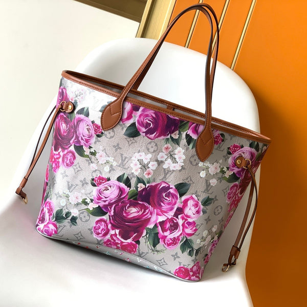 Borsa a mano LV Neverfull MM 31 cm in pelle con motivo floreale rosa argento GHW
