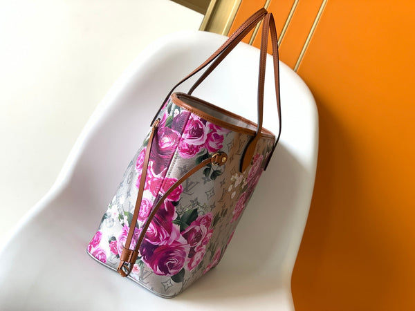 Borsa a mano LV Neverfull MM 31 cm in pelle con motivo floreale rosa argento GHW