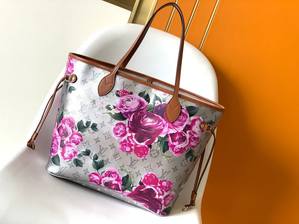 Borsa a mano LV Neverfull MM 31 cm in pelle con motivo floreale rosa argento GHW