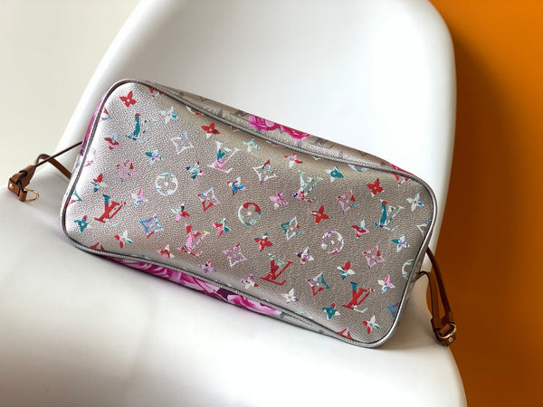 Borsa a mano LV Neverfull MM 31 cm in pelle con motivo floreale rosa argento GHW