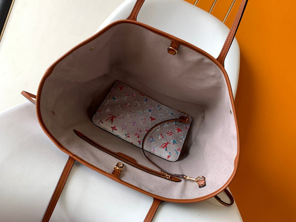 Borsa a mano LV Neverfull MM 31 cm in pelle con motivo floreale rosa argento GHW