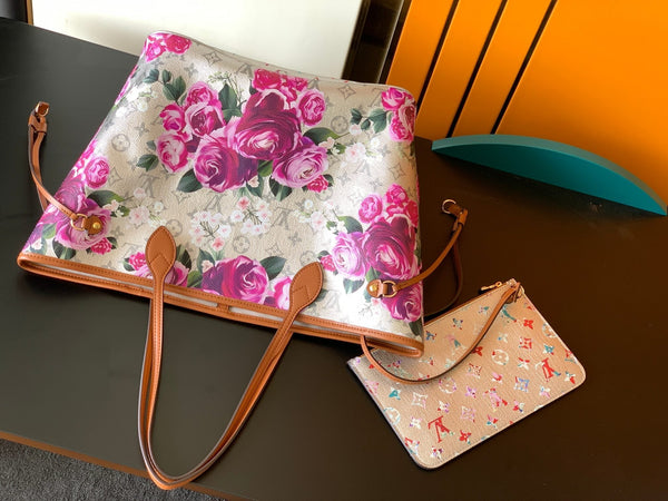 Borsa a mano LV Neverfull MM 31 cm in pelle con motivo floreale rosa argento GHW