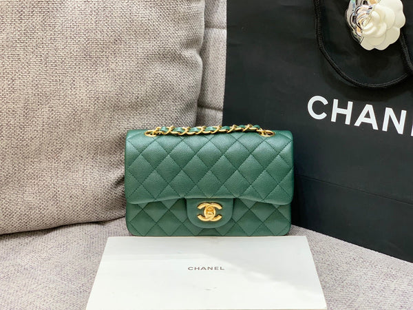 borsa con patta mini 20 cm blu scuro verde caviale hardware oro 