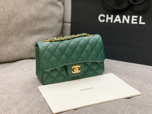 borsa con patta mini 20 cm blu scuro verde caviale hardware oro 