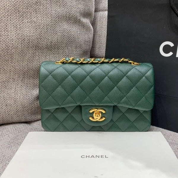 borsa con patta mini 20 cm blu scuro verde caviale hardware oro 