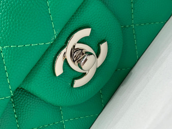 borsa con patta mini 20 cm verde scuro caviale hardware argento 