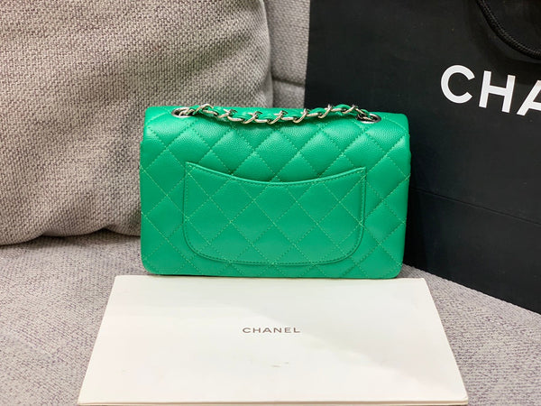 borsa con patta mini 20 cm verde scuro caviale hardware argento 