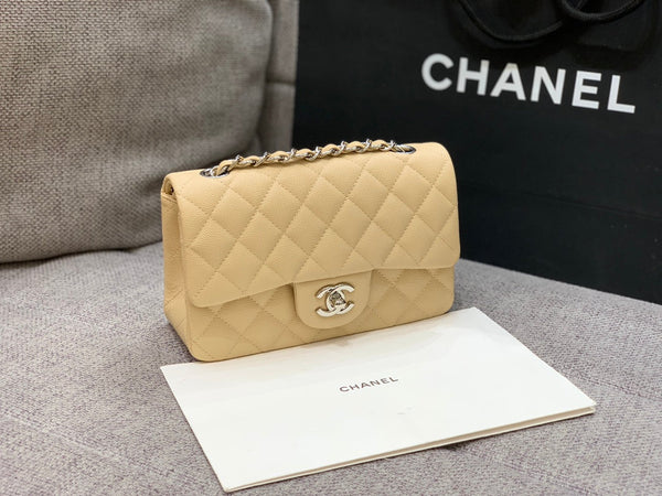 borsa con patta mini 20 cm beige caviale hardware argento 