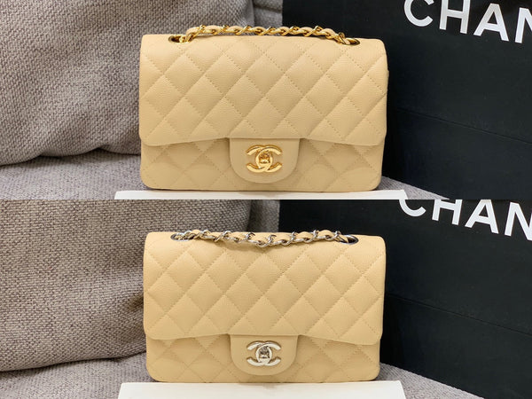 borsa con patta mini 20 cm beige caviale hardware argento 