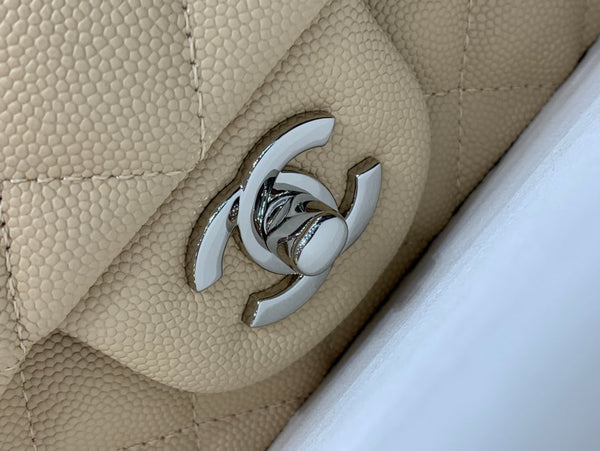 borsa con patta mini 20 cm beige caviale hardware argento 