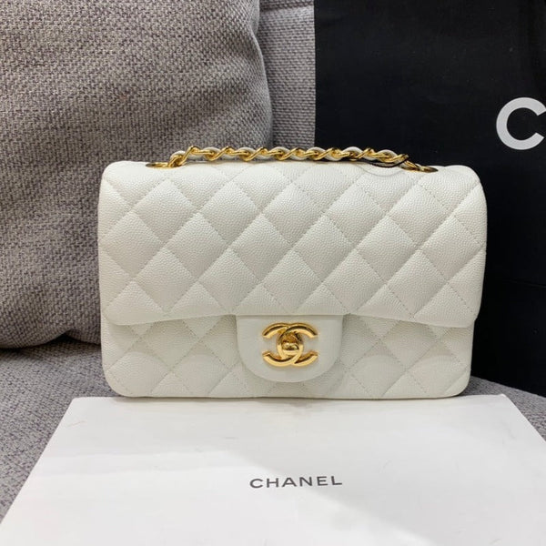 borsa con patta mini 20 cm caviale bianco hardware oro 
