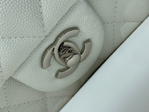 borsa con patta mini 20 cm bianco caviale hardware argento 