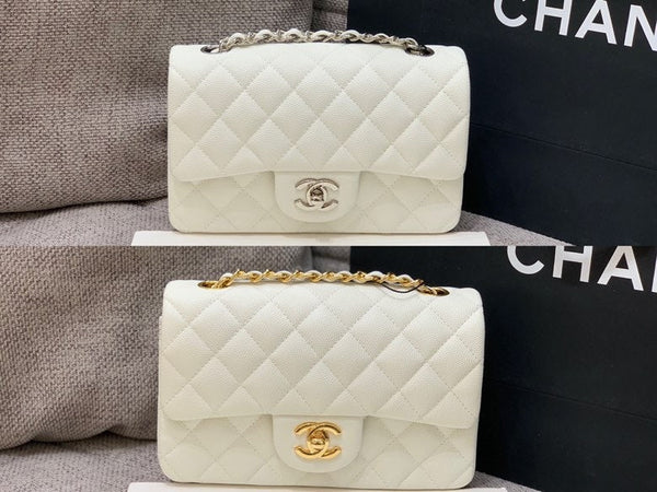 borsa con patta mini 20 cm bianco caviale hardware argento 