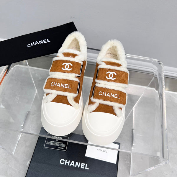 CC Sneaker Thick-Soled White Brown Suede Wool Lining Fleece