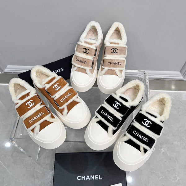 CC Sneaker Thick-Soled White Brown Suede Wool Lining Fleece