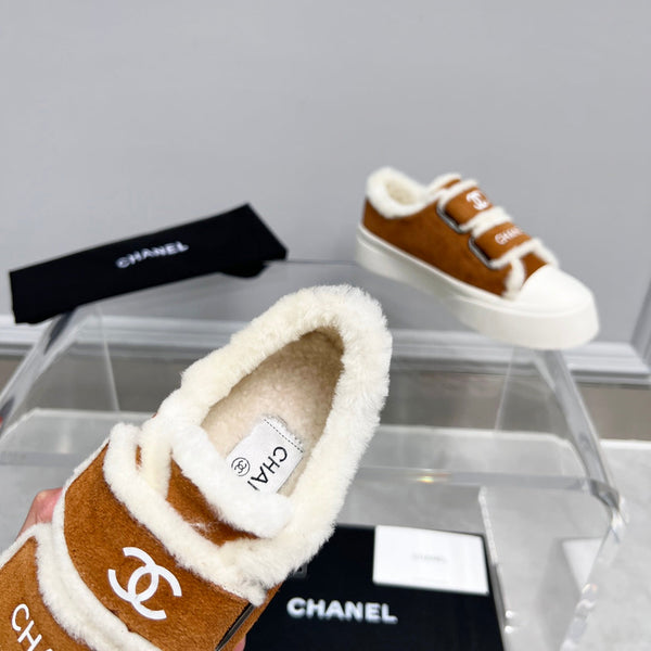 CC Sneaker Thick-Soled White Brown Suede Wool Lining Fleece