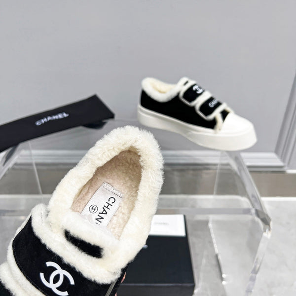 CC Sneaker Thick-Soled White Black Suede Wool Lining Fleece