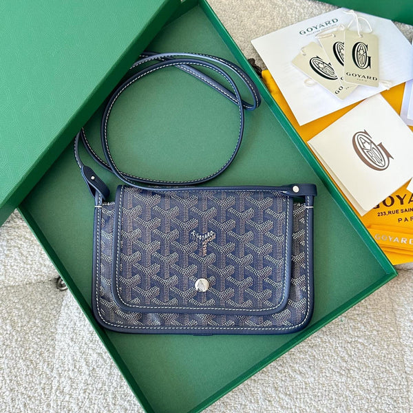 PORTAFOGLIO PLUMET POCKET 20 IN TELA GOYARDINE BLU NAVY E FINITURE IN PELLE DI AGNELLO