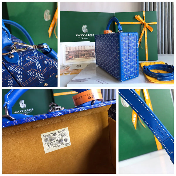 BORSA GRAND HÔTEL TRUNK 24 IN TELA GOYARDINE BLU E PELLE DI VITELLO