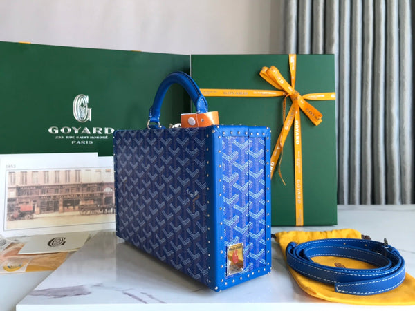 BORSA GRAND HÔTEL TRUNK 24 IN TELA GOYARDINE BLU E PELLE DI VITELLO