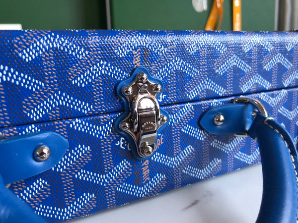 BORSA GRAND HÔTEL TRUNK 24 IN TELA GOYARDINE BLU E PELLE DI VITELLO