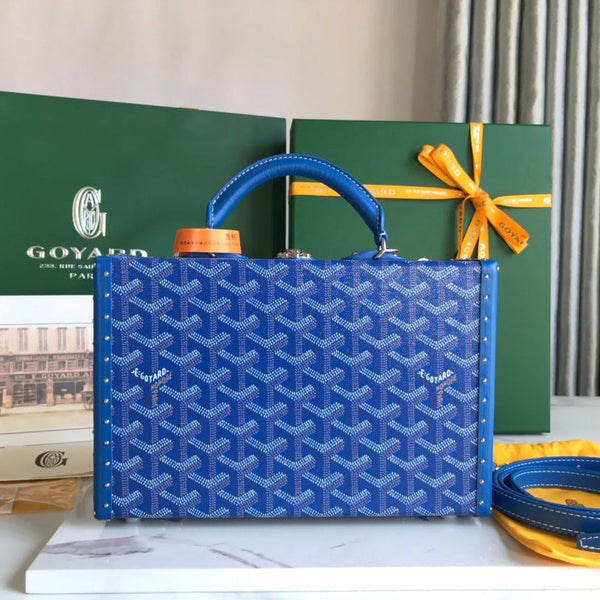 BORSA GRAND HÔTEL TRUNK 24 IN TELA GOYARDINE BLU E PELLE DI VITELLO