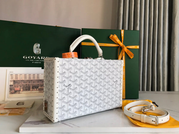 BORSA GRAND HÔTEL TRUNK 24 IN TELA GOYARDINE BIANCA E PELLE DI VITELLO