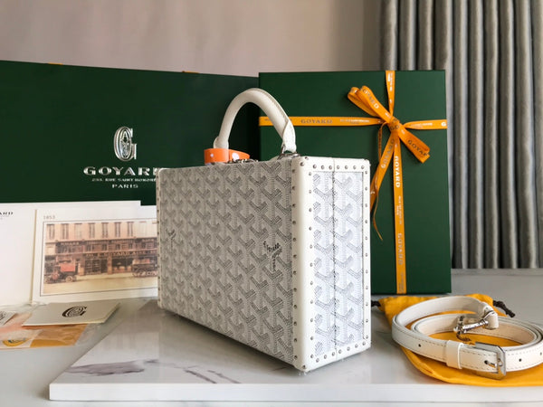BORSA GRAND HÔTEL TRUNK 24 IN TELA GOYARDINE BIANCA E PELLE DI VITELLO