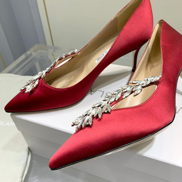 Manolo Wheat Ear Rhinestone Pumps Dark Red Silk Fabric 306595