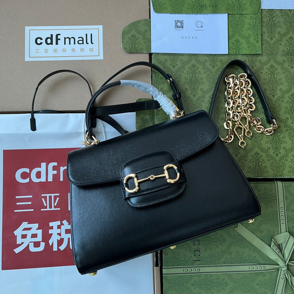 BORSA MEDIA CON MANICO SUPERIORE HORSEBIT 1955 29 IN PELLE DI VITELLO NERA E FERRAMENTA ORO