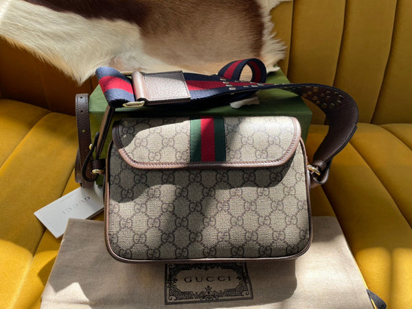 BORSA GG OPHIDIA SMALL 23 IN TELA SUPREME BEIGE ED EBANO