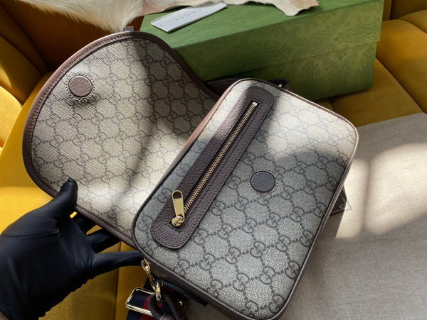 BORSA GG OPHIDIA SMALL 23 IN TELA SUPREME BEIGE ED EBANO
