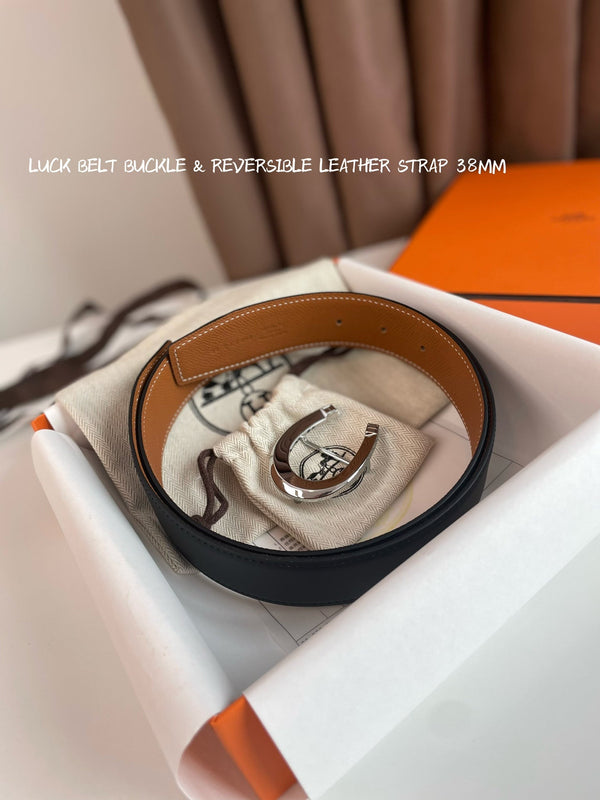 FIBBIA PER CINTURA LUCK E CINTURINO REVERSIBILE IN PELLE ARANCIONE ZENZERO E NERO 38 MM FERRAMENTA ARGENTO