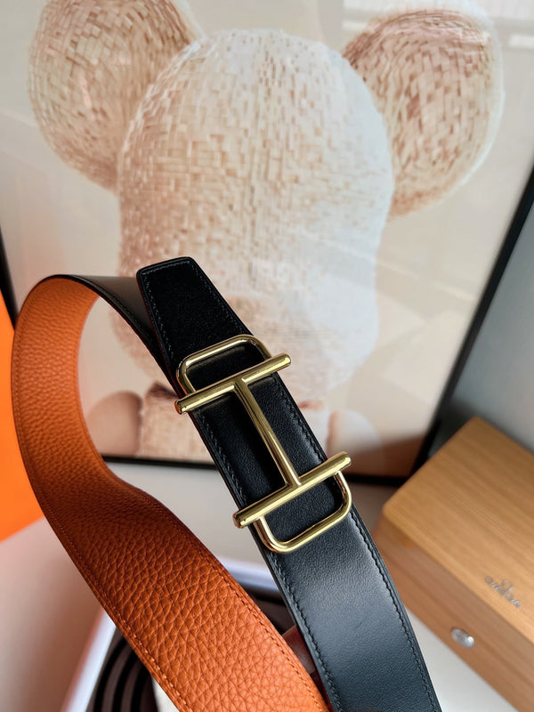 FIBBIA PER CINTURA HM ROYAL E CINTURINO REVERSIBILE IN PELLE NERA E ARANCIONE 32 MM FERRAMENTA ORO